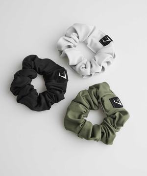 Akcesoria Damskie Gymshark Scrunchies 3Pk Czarne Oliwkowe Głęboka Szare | PJNT70591