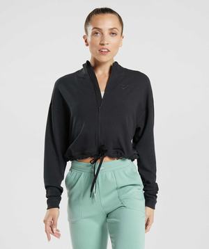 Bluzy Z Kapturem Damskie Gymshark Pause Zip Up Czarne | JYSZ06872