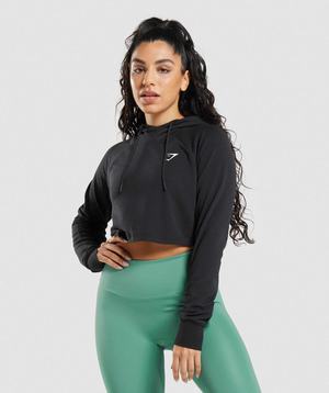 Bluzy Z Kapturem Damskie Gymshark Treningowe Cropped Czarne | WQBV28130