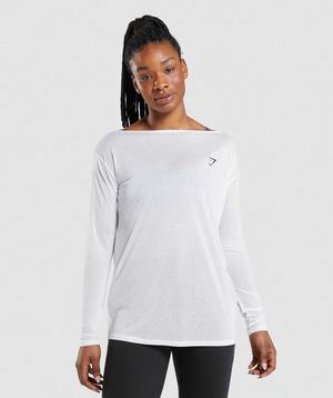 Koszulki Damskie Gymshark Treningowe Oversized Long Sleeve Białe | QLIO50427