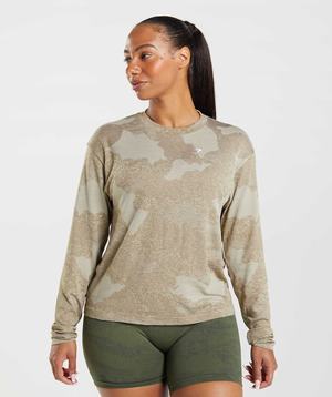 Najfatalniejszy Damskie Gymshark Adapt Camo Seamless Long Sleeve Szare Brązowe | DZKV05187