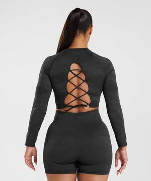 Najfatalniejszy Damskie Gymshark Adapt Camo Seamless Koronkowe Up Back Czarne Czarne Szare | GPQC51239