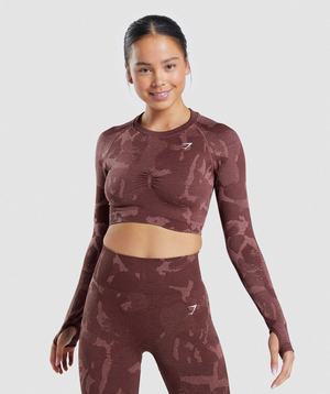 Najfatalniejszy Damskie Gymshark Adapt Camo Seamless Long Sleeve Crop Różowe Brązowe | HGQL98307