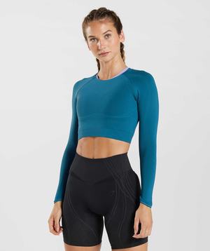 Najfatalniejszy Damskie Gymshark Apex Seamless Crop Niebieskie Ciemny Szare Niebieskie | DGAH90617