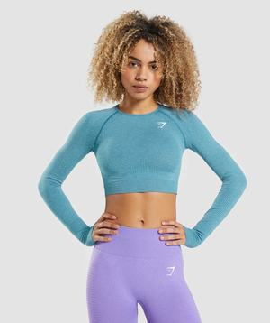 Najfatalniejszy Damskie Gymshark Vital Seamless 2.0 Long Sleeve Crop Turkusowe | YGUN50189