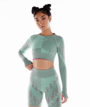 Najfatalniejszy Damskie Gymshark Wtflex Cyborg Seamless Long Sleeve Crop Niebieskie Różowe Niebieskie | JRWA98361