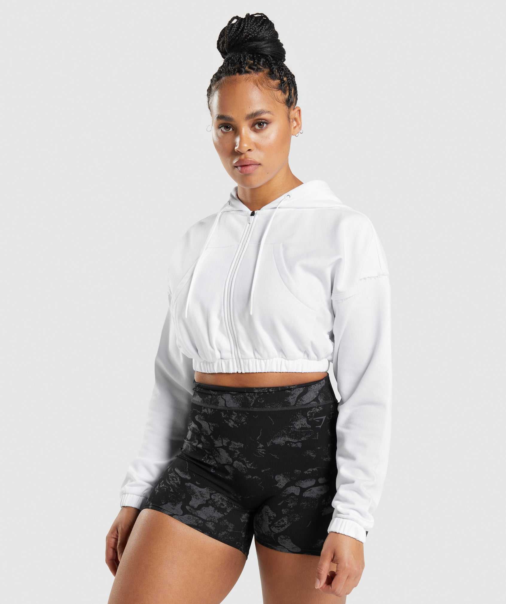 Bluzy Z Kapturem Damskie Gymshark KK Fit Zip-Up Cropped Białe | ZXFC93128