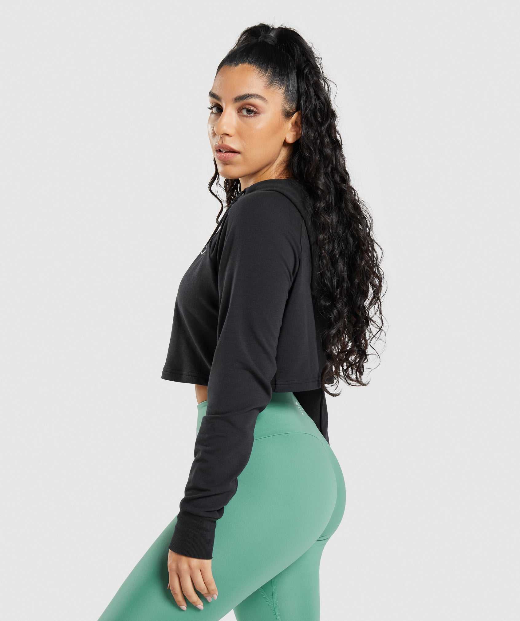 Bluzy Z Kapturem Damskie Gymshark Treningowe Cropped Czarne | WQBV28130