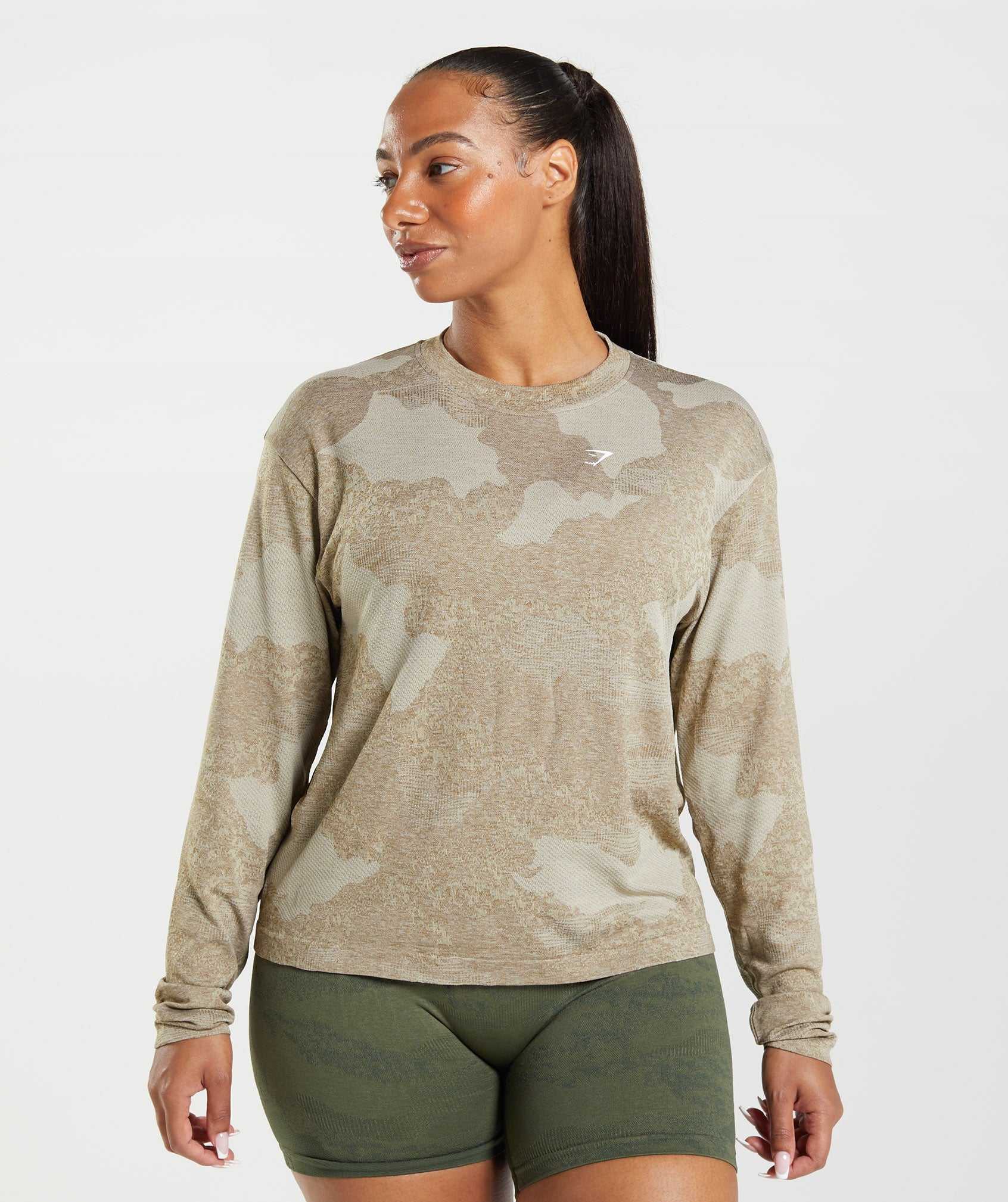 Najfatalniejszy Damskie Gymshark Adapt Camo Seamless Long Sleeve Szare Brązowe | DZKV05187