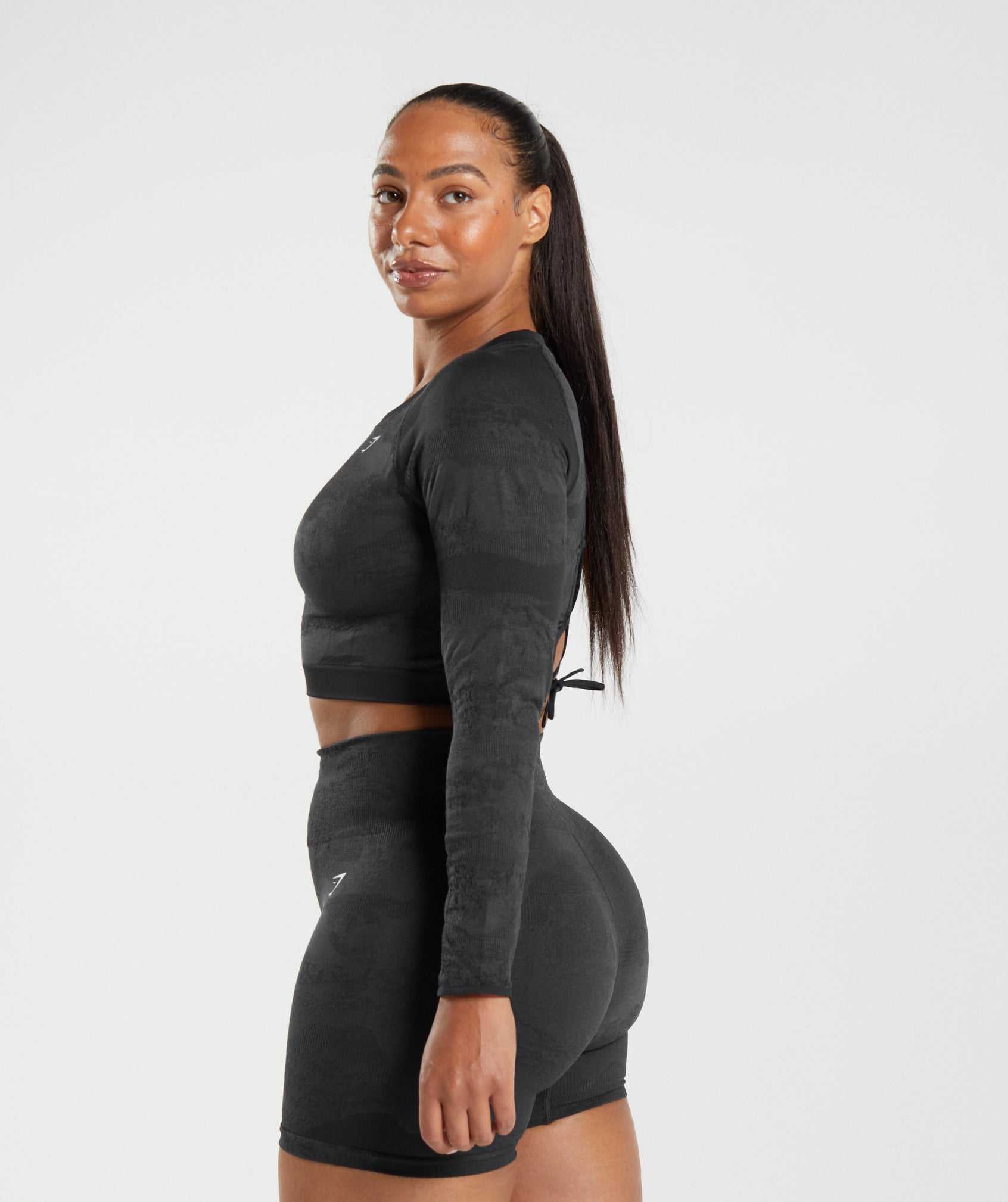 Najfatalniejszy Damskie Gymshark Adapt Camo Seamless Koronkowe Up Back Czarne Czarne Szare | LGFO37285